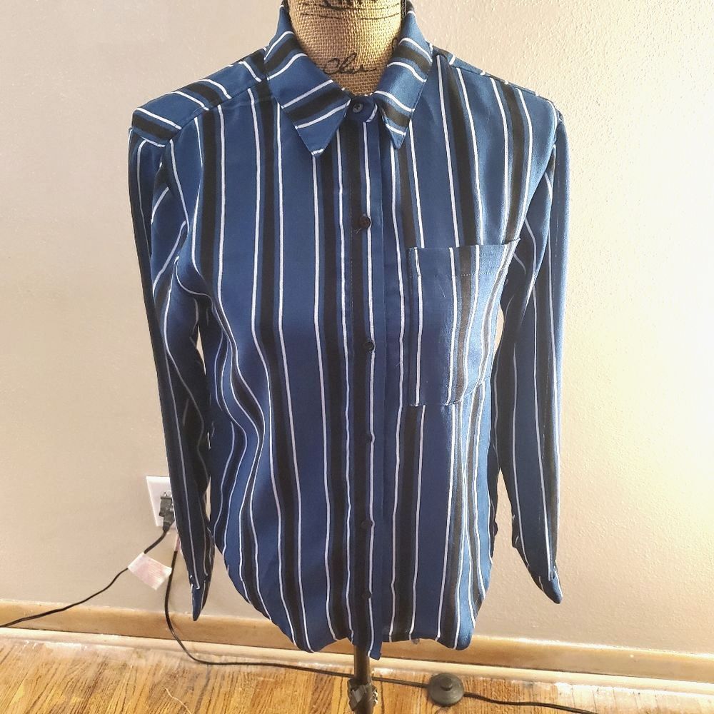 Wild Fable Teal Blue Striped Button Down Blouse Size XS Coastal Grandma Indie